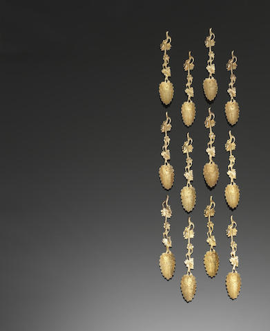 Appraisal: A set of twelve Victorian silver-gilt 'leaf' teaspoons by Joseph