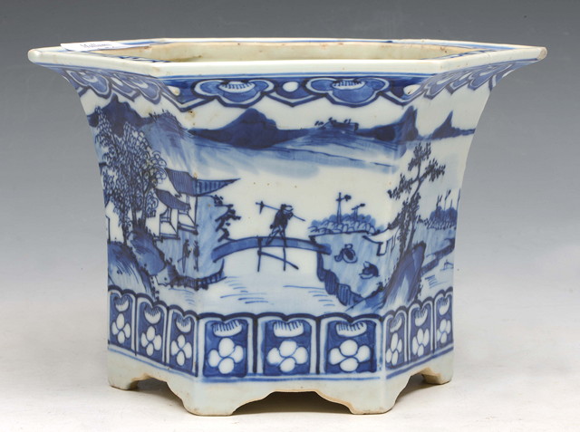 Appraisal: A CHINESE BLUE AND WHITE PORCELAIN HEXAGONAL JARDINIERE decorated with