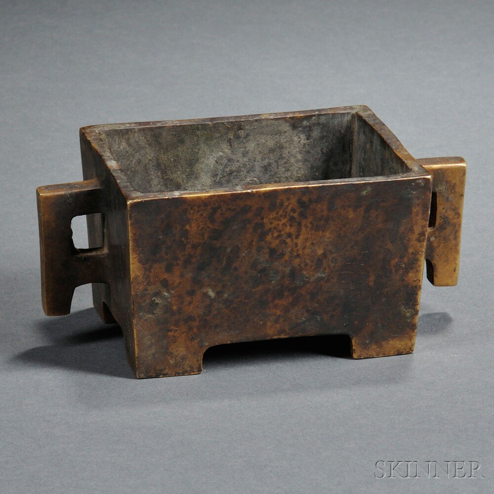 Appraisal: Bronze Censer China rectangular with a pair of angular loop