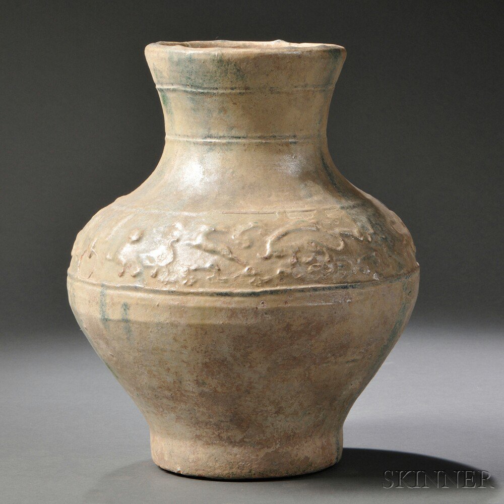 Appraisal: Wine Jar China Han Dynasty style hu shape decorated with