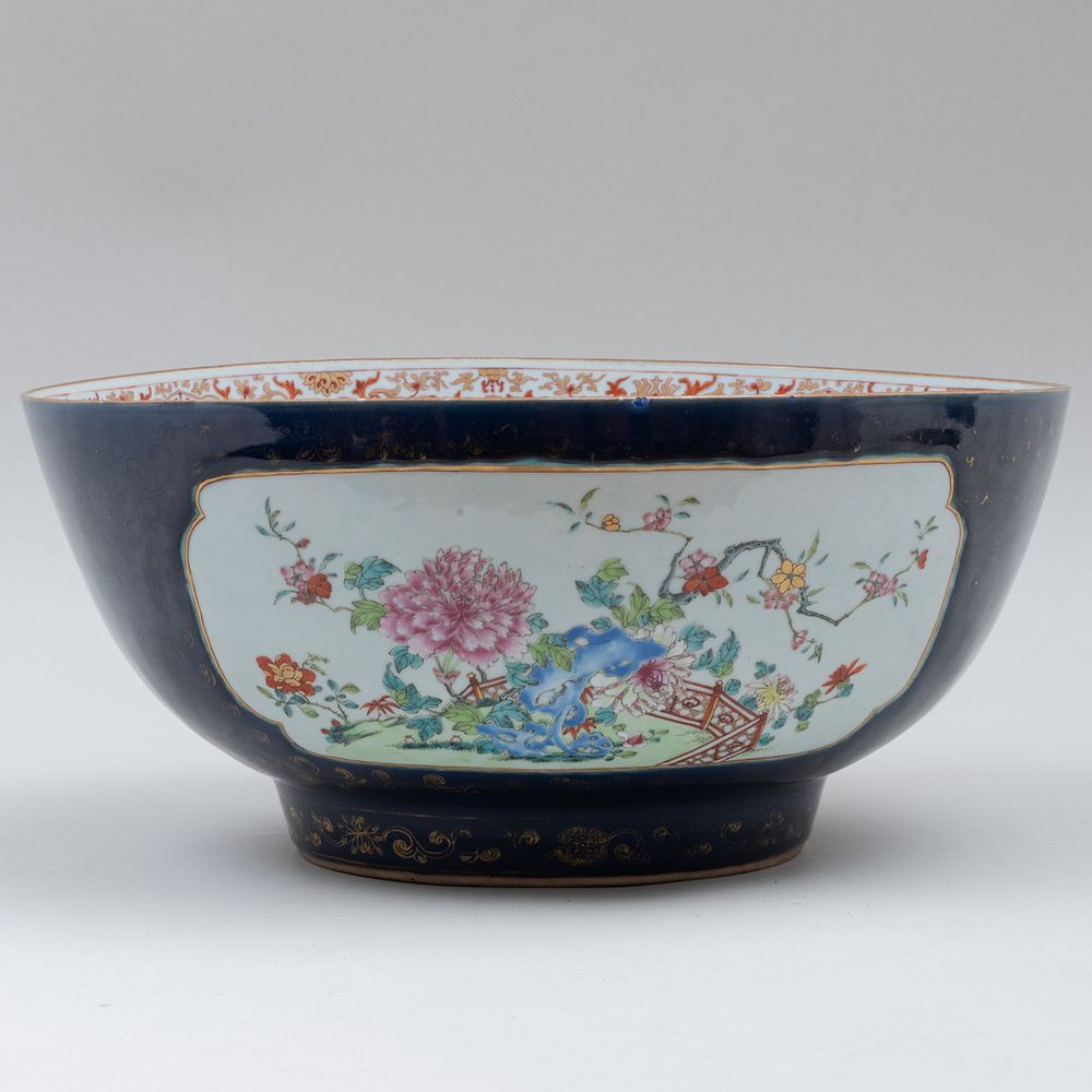 Appraisal: Chinese Famille Rose Blue Ground Porcelain Punch Bowl The interior