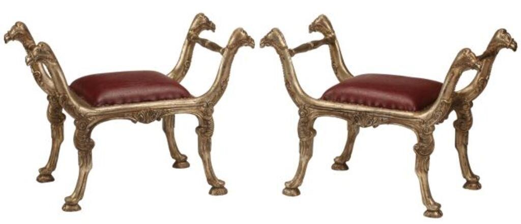 Appraisal: pair Silvered wood camel form benches with upholstered seats approx