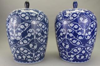 Appraisal: Blue White Chinese Covered Ginger Jars Blue White Chinese Covered