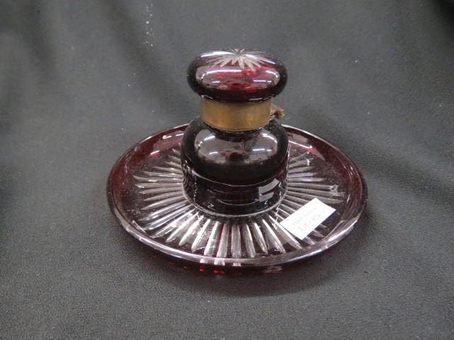 Appraisal: Ruby Cut-to-Clear Glass Inkwell attached round tray diameter circa excellent