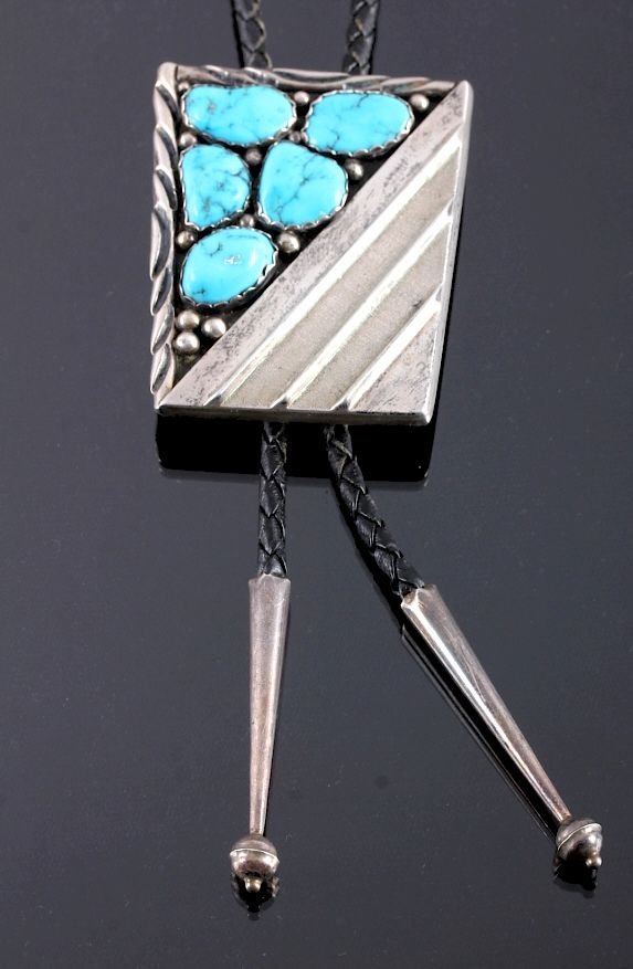 Appraisal: Signed Navajo Sterling Silver Turquoise Bolo Tie This is a