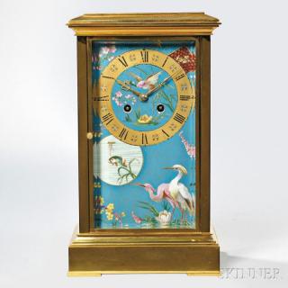 Appraisal: Brass and Porcelain Panel Shelf Clock France crystal regulator-style case