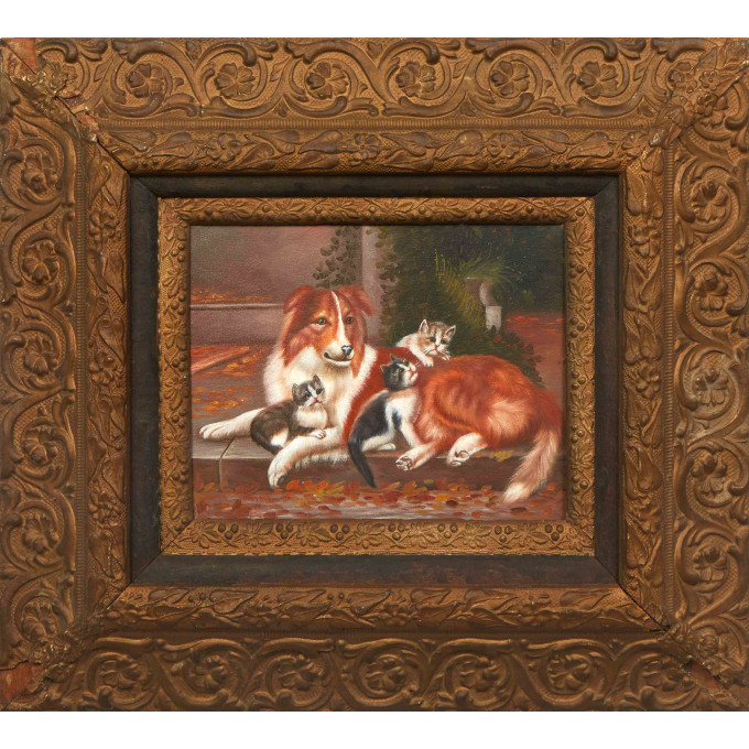 Appraisal: American School Collie with Three Kittens th c oil on