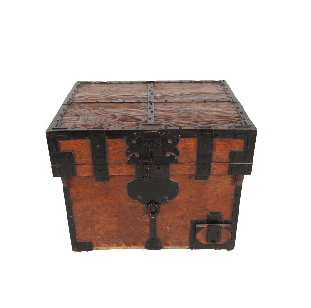 Appraisal: JAPANESE IRON-MOUNTED TRUNKwith hinged top and one drawer inches wide