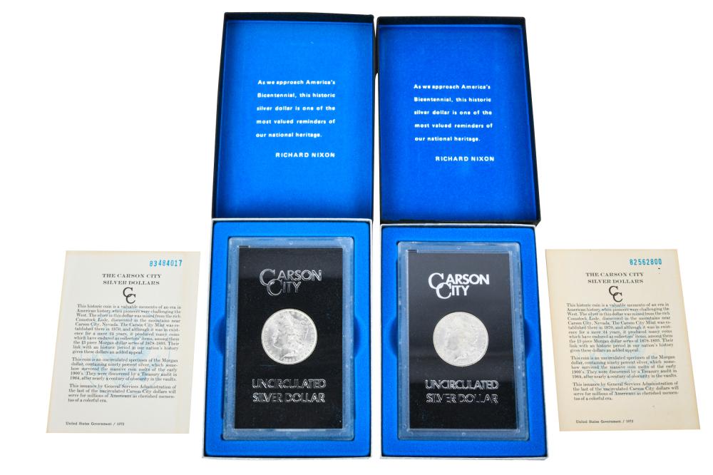 Appraisal: TWO CARSON CITY UNCIRCULATED SILVER DOLLARSin display boxes boxes inches