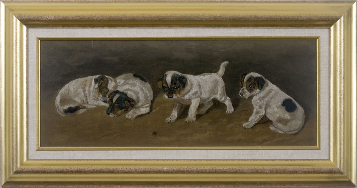 Appraisal: FOUR JACK RUSSELL PUPPIES TWO WATCHING A SPIDER Oil on