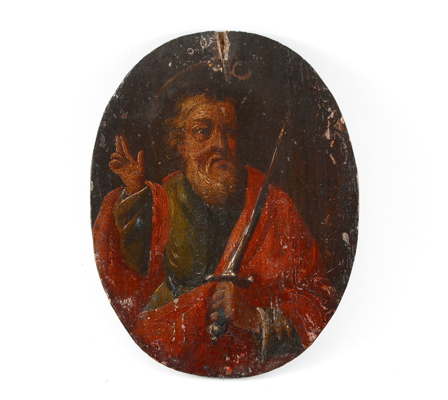 Appraisal: EARLY RELIGIOUS OIL BOARD OF A SAINT WITH A SWORD