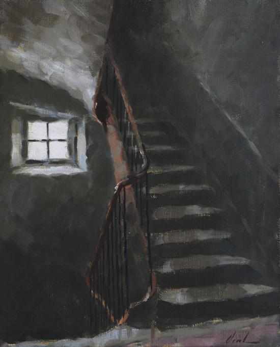 Appraisal: Hayward Veal - The Staircase oil on hessian signed 'Veal'