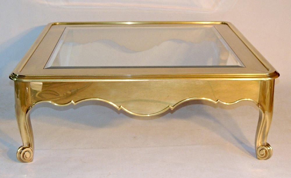 Appraisal: Baker Brass and Glass Coffee Table Beveled-glass inset on brass