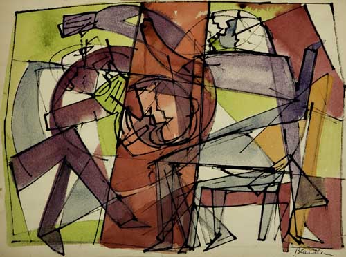 Appraisal: ROMARE BEARDEN - Untitled Three Figures Watercolor brush and ink