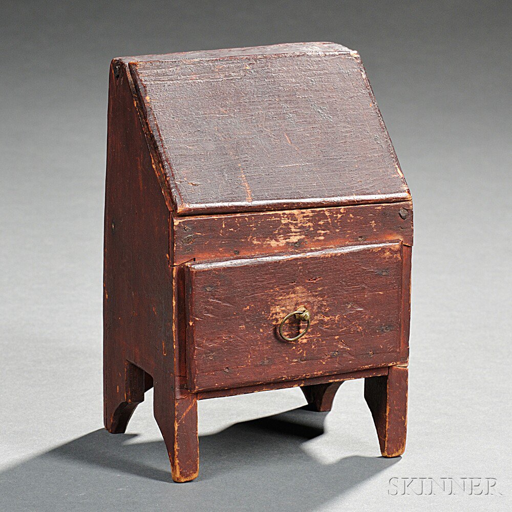 Appraisal: Miniature Red-painted Lift-top Slant-lid Desk-over-drawer possibly New England early th