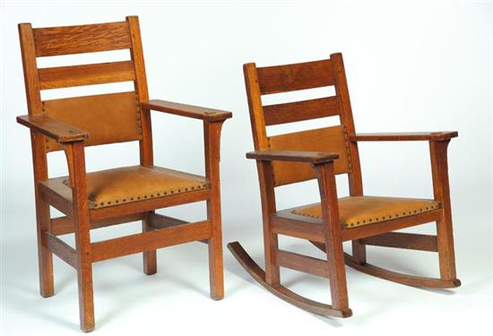 Appraisal: TWO MATCHING ARTS CRAFTS CHAIRS ARMCHAIR AND ROCKER American early