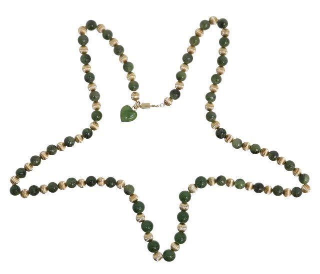 Appraisal: Estate beaded necklace round green Nephrite jade beads kt gold