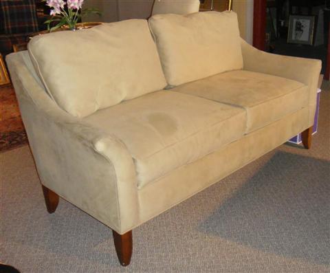 Appraisal: CONTEMPORARY TWO CUSHION SOFA IN FAUX SUEDE SAND COLOR UPHOLSTERY