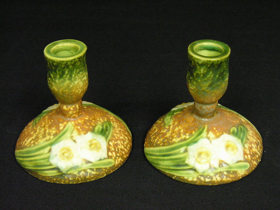 Appraisal: PAIR ROSEVILLE JONQUIL CANDLE HOLDERS Size by diameter Condition Original