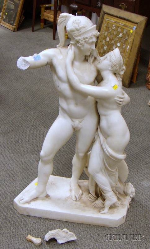 Appraisal: Carved Marble Statue of a Spartan Warrior and Maiden damage