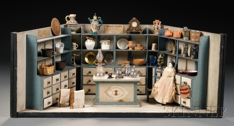 Appraisal: Miniature Household Furnishings Store Interior with Accoutrements probably Germany late