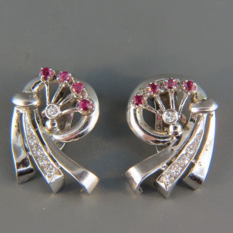 Appraisal: Ruby Diamond Earrings retro style rubies diamonds all round total