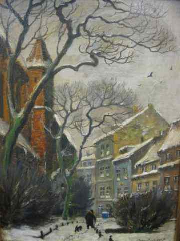 Appraisal: Bruno Bielefeld Winter Cityscapewith man with dog artist signed on