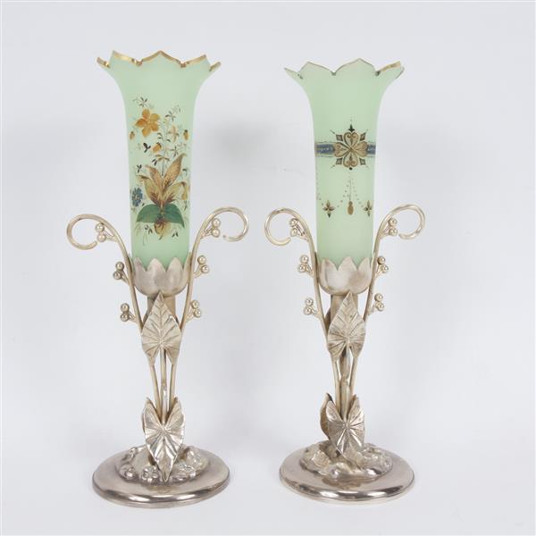 Appraisal: Pair Victorian silver plated Meriden centerpiece vases with hand enameled