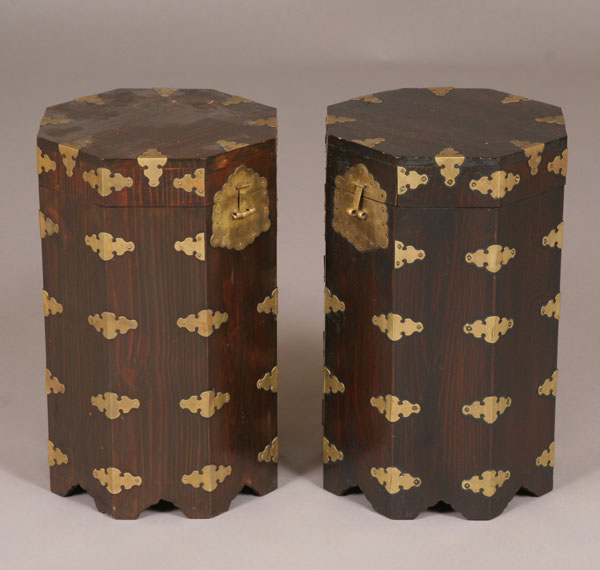 Appraisal: Pair Oriental octagonal stands storage boxes with brass trim and