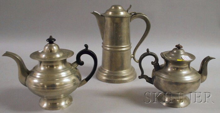 Appraisal: Pewter Flagon and Two Footed Teapots flagon impressed R Gleason