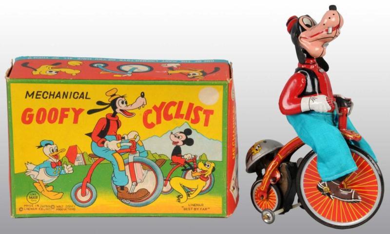 Appraisal: Linemar Walt Disney Goofy Cyclist in Orig Box Description Japanese