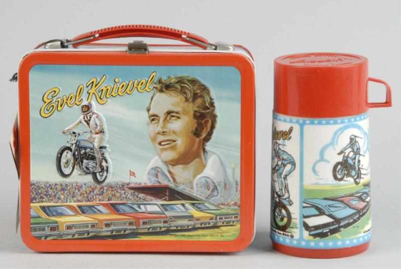 Appraisal: Aladdin Evel Knievel Lunch Box Description Marked With thermos and