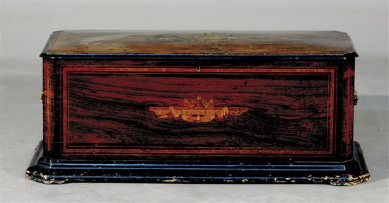 Appraisal: Swiss inlaid music box case circa rectangular top with cut