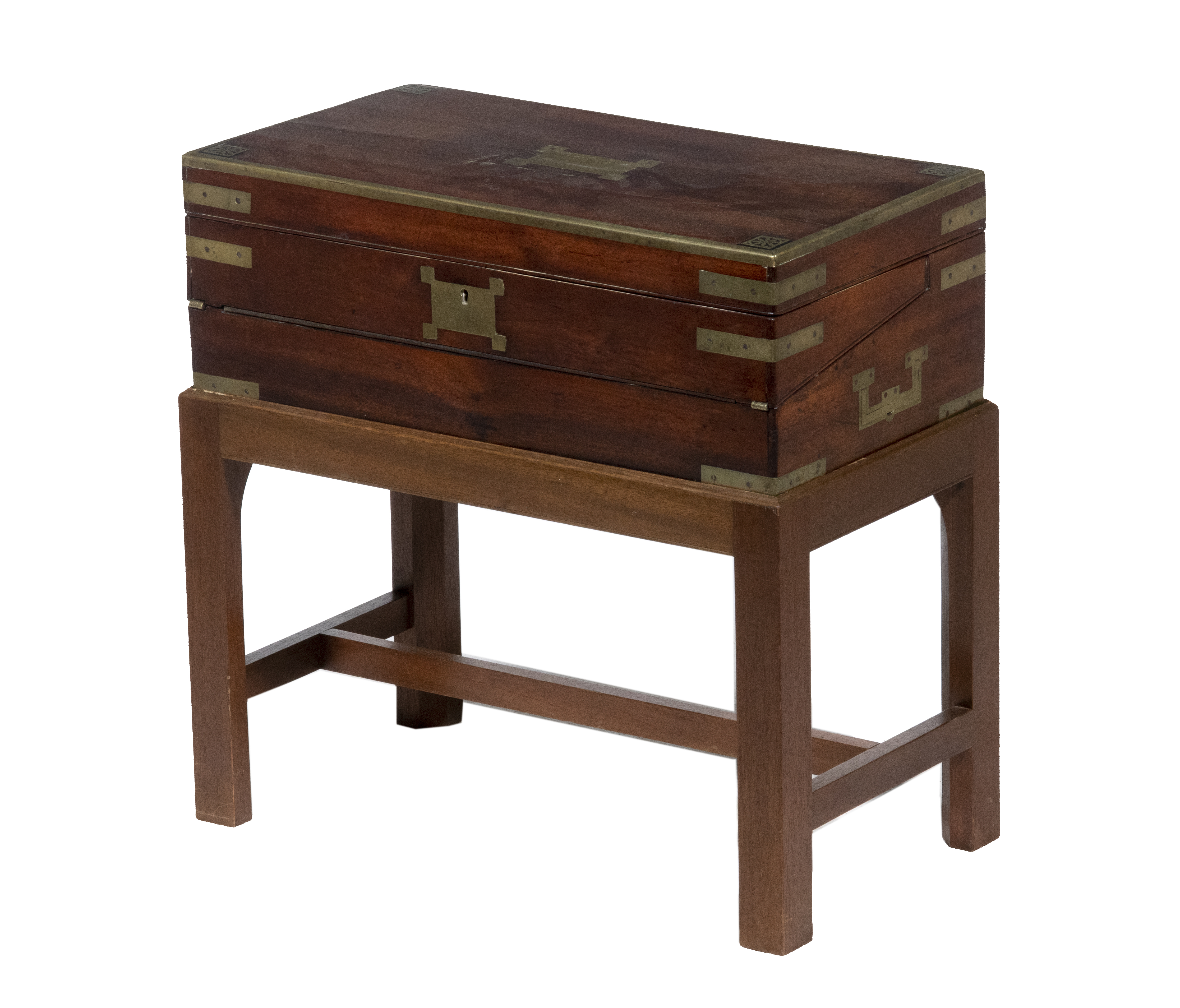 Appraisal: BRASS BOUND MAHOGANY TRAVELER'S DESK WITH STAND Georgian Writing Case