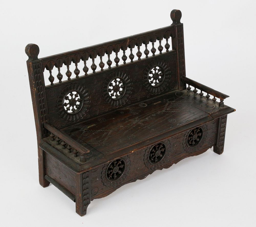 Appraisal: Miniature French Carved Walnut Lift Seat Settle Bench Miniature French