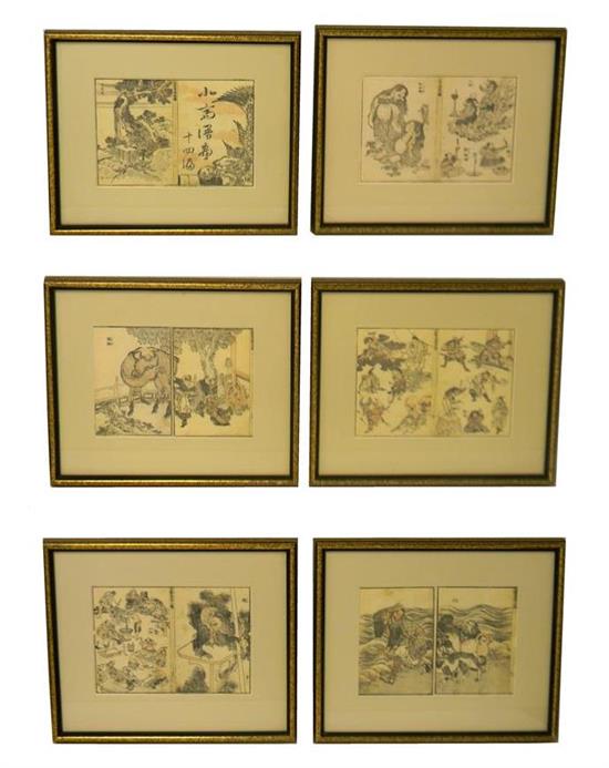 Appraisal: ASIAN twelve illustrated book pages ehon mounted in six frames