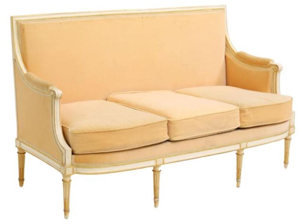 Appraisal: French Louis XVI style sofa th c parcel gilt and