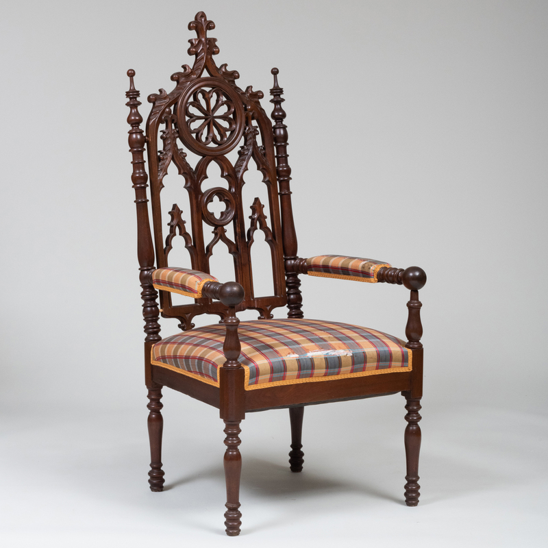 Appraisal: Large Gothic Revival Carved Walnut Armchair Possibly Meeks ft in