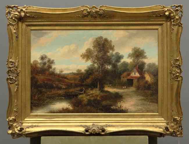 Appraisal: th c oil on canvas fishing next to cottage Signed