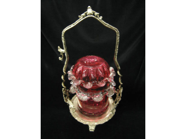 Appraisal: Victorian Cranberry Glass Pickle Castor clear applied trim silverplate frame