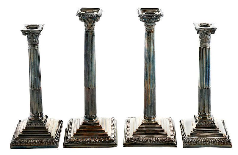 Appraisal: Two Pairs Silver Plate Candlesticks English th century Corinthian column