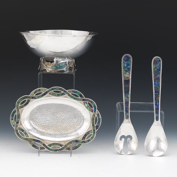 Appraisal: LOS CASTILLO FISH SALAD SERVING SET Silver plated and enameled