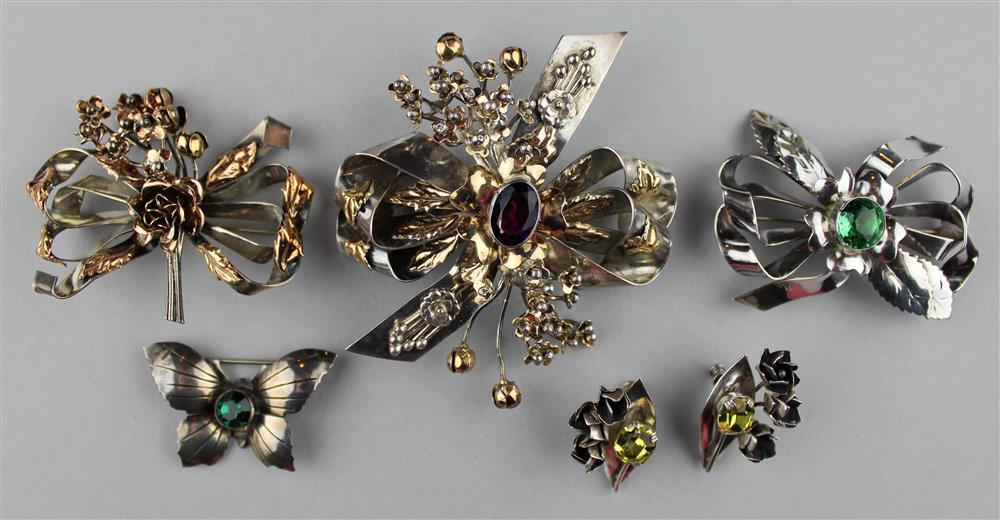 Appraisal: HOBE COLLECTION OF FOUR STERLING BROOCHES AND A PAIR OF