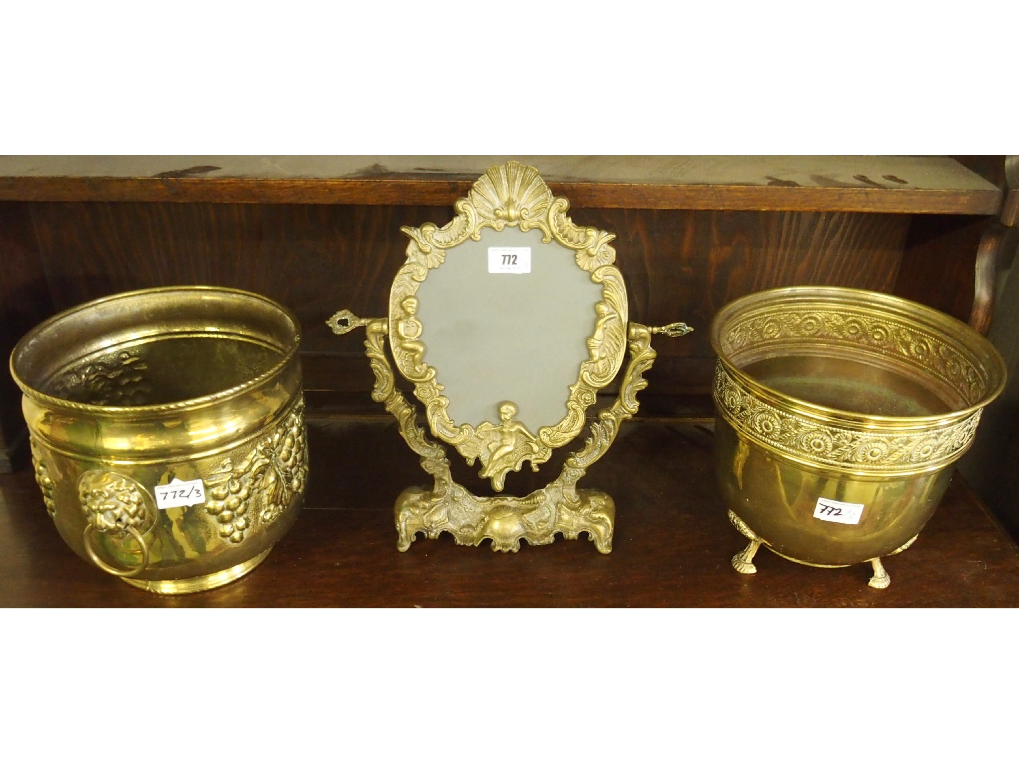 Appraisal: Two brass jardinieres and a brass table mirror