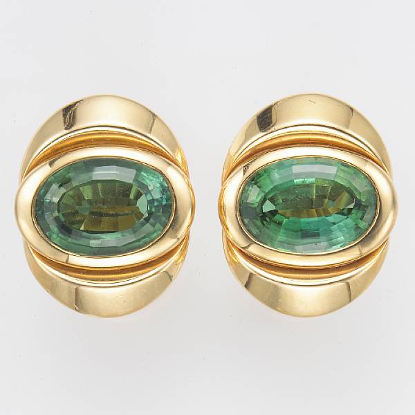 Appraisal: A pair of green tourmaline and eighteen karat gold earrings