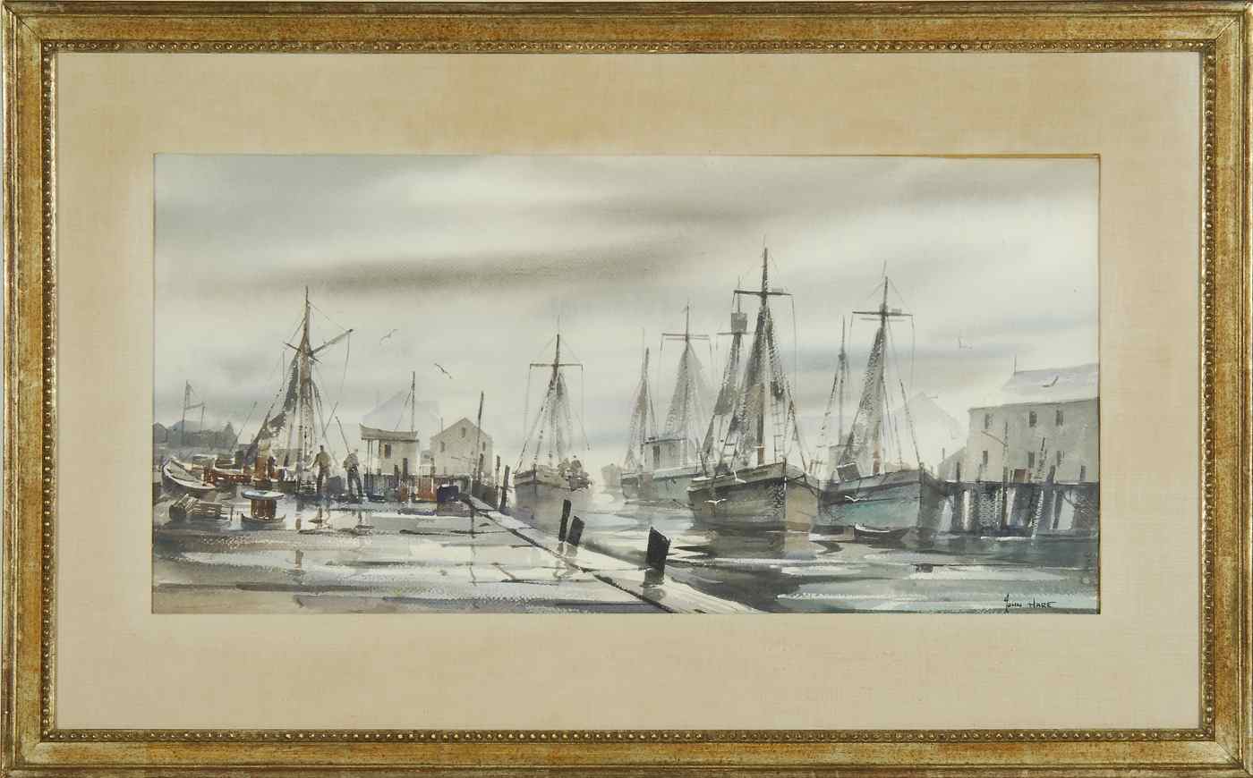 Appraisal: JOHN CUTHBERT HAREAmerican - Panoramic dock scene Signed lower right