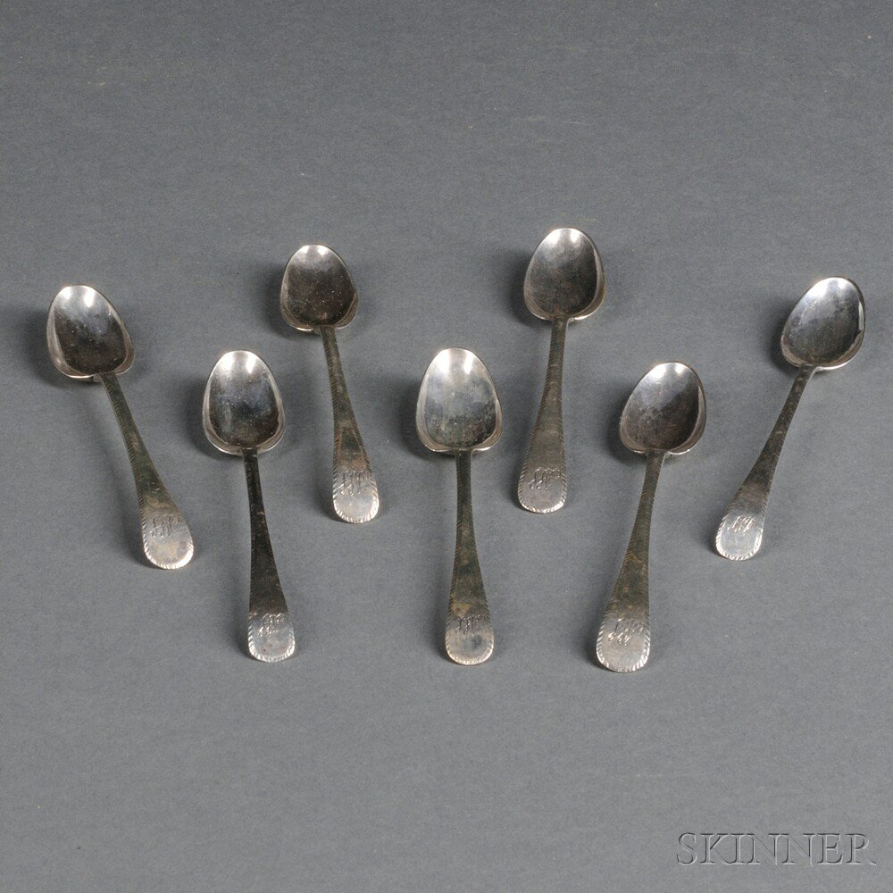 Appraisal: Seven Bright-cut Coin Silver Teaspoons possibly by Lemuel Wells New