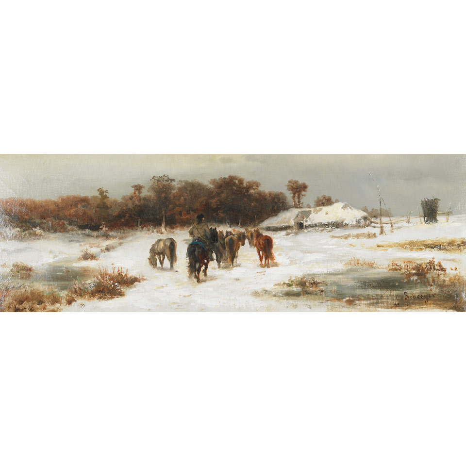 Appraisal: Adolf Schreyer - German HORSEMAN AND HERD NEARING HOME IN