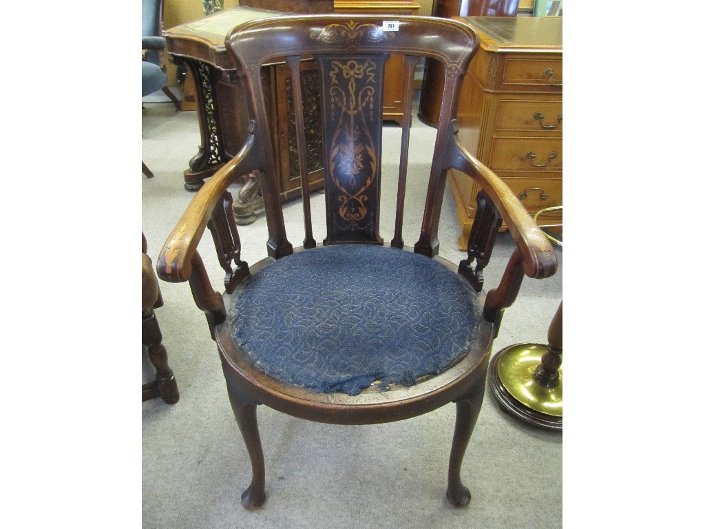 Appraisal: Edwardian mahogany inlaid armchair