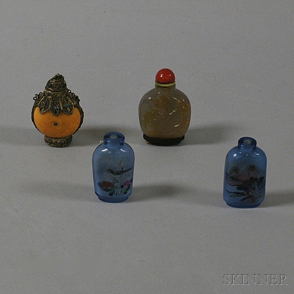 Appraisal: Four Chinese Snuff Bottles th th century two blue Peking